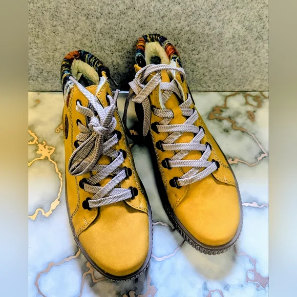Rieker Mustard Ankle Boots with Colorful Knit Collar - Picture 2 of 7